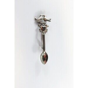Lovely Little Sterling Silver Love Birds Spoon Brooch 2 5/8" Long